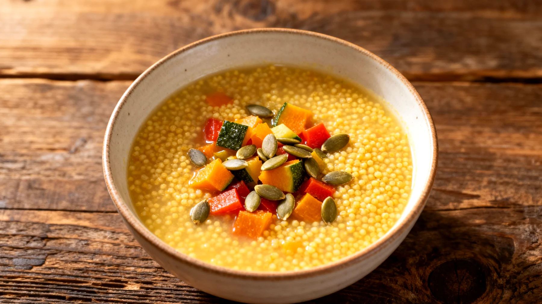 Zuppa di miglio con verdure e semi di zucca"