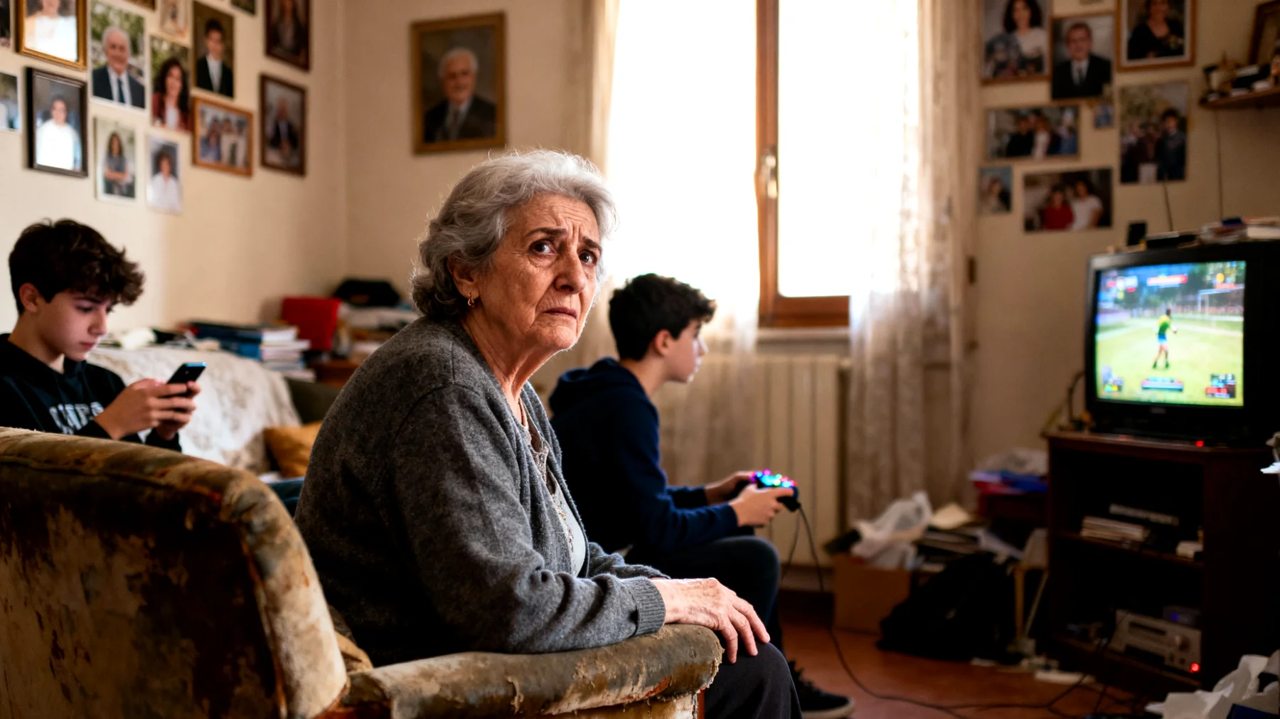 Nonna preoccupata per l'uso eccessivo dello smartphone e dei videogiochi da parte dei nipoti adolescenti durante il tempo trascorso insieme"